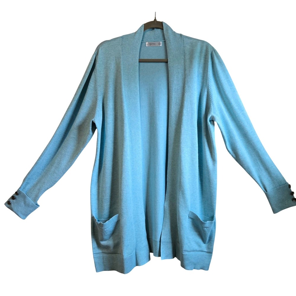 Peyton Primrose Women's XL Teal Open Front Cardigan Sweater Button Cuff Pocket